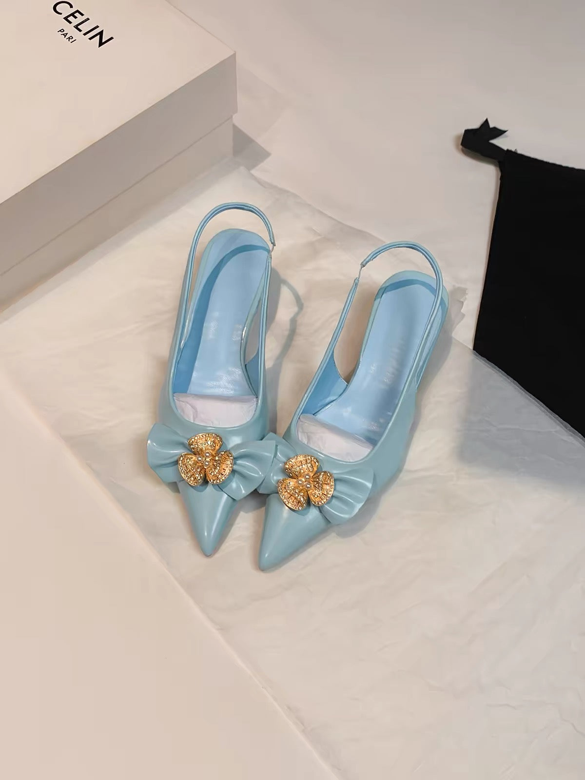 Jianghou Women's Shoes – French-style elegant blue mid-heel pointed-toe slingback mules (2026 new arrival)