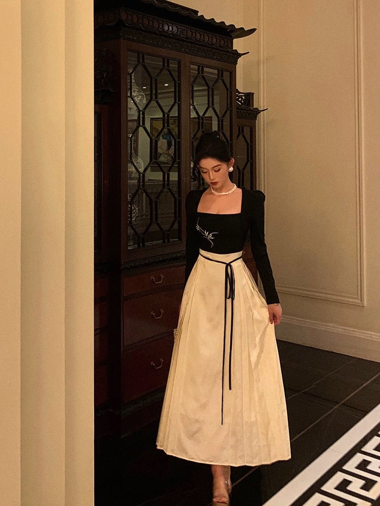 Goffu's New Chinese Style National Style Dress Women's 2024 Spring New Square Neck Belt Waist Horse Face Dress Long Skirt