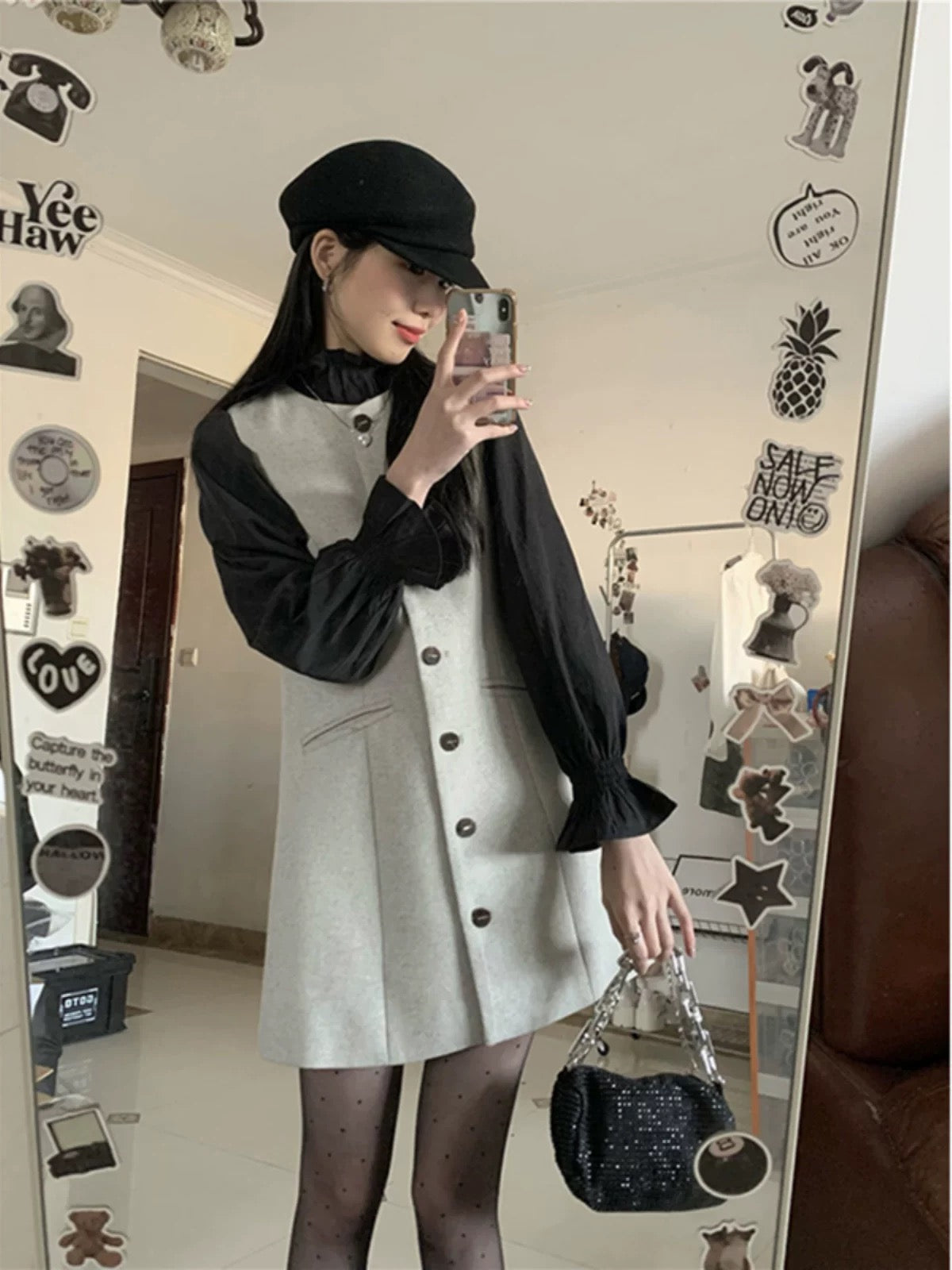 Breast style early autumn suit, small fragrant ruffled shirt, sleeveless vest, woolen dress, two-piece suit for women