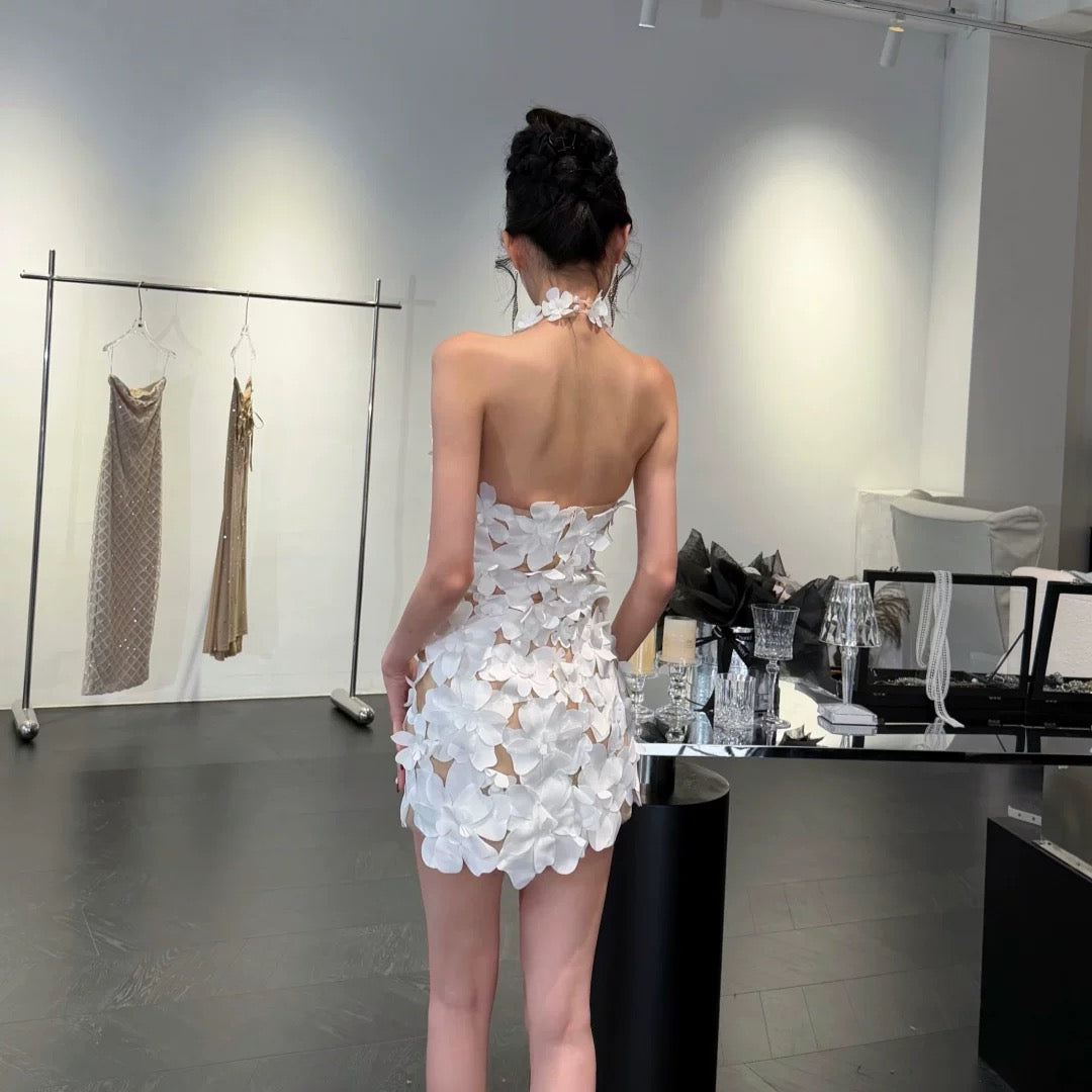【JINGGUO Luxury】Niche Design French Sexy Three-Dimensional Floral Slim Fit Dress 7406