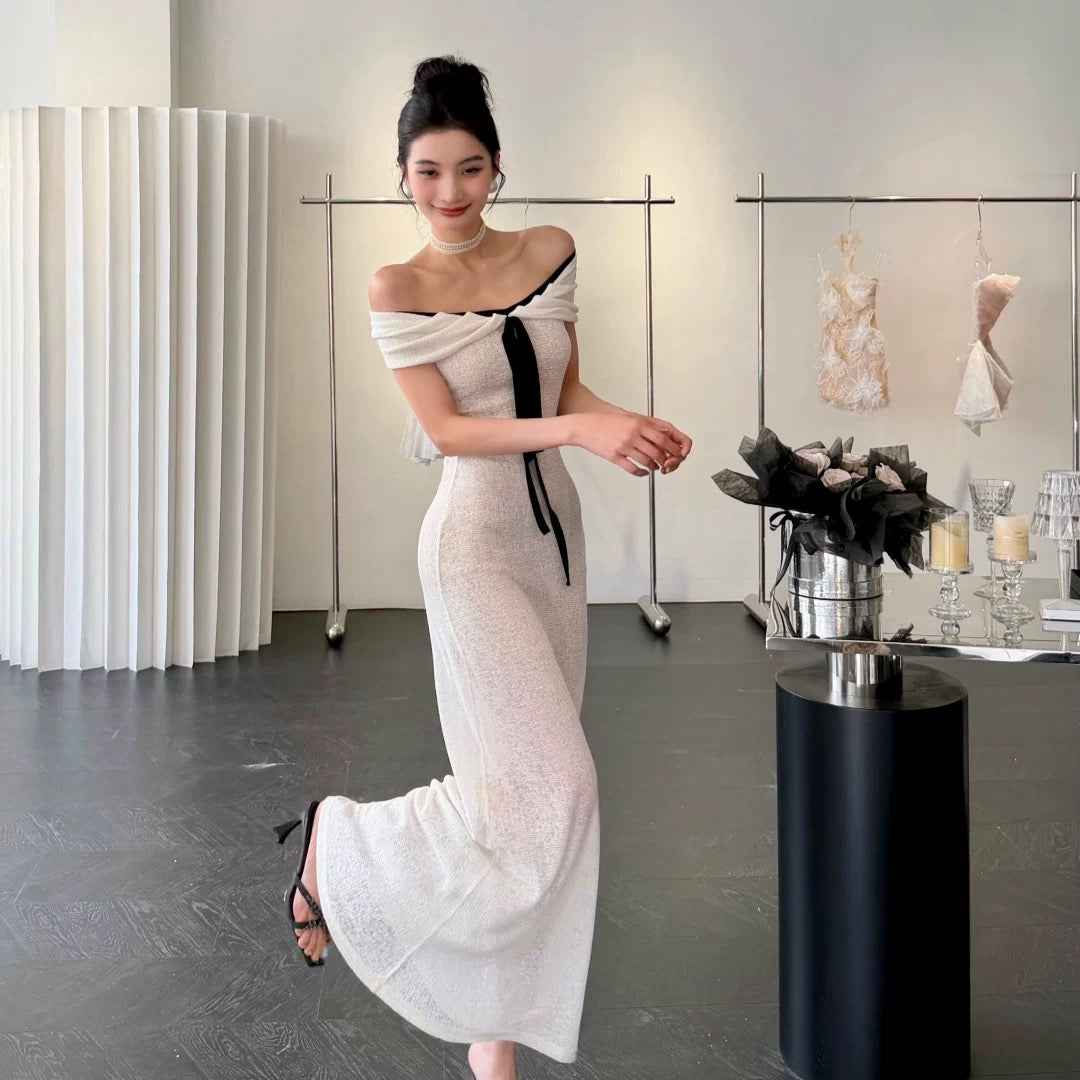 【JINGGUO Luxury】Niche Design French Gentle and Alluring Off-Shoulder Elegant Socialite Dress 7676