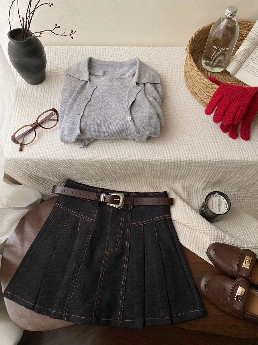 Retro obvious imitation denim petite pleated skirt for women autumn and winter high waist with belt A-line skirt versatile skirt