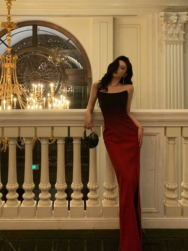 Godfrey's over-the-top gradient tube top dress for women 2024 new niche design temperament slit dress long skirt