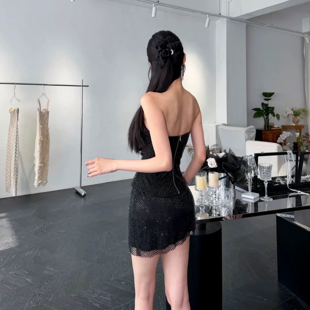 【JINGGUO Luxury】Niche Design Rhinestone-Studded Slim Fit Strapless Top and Skirt Set (7614 pieces)