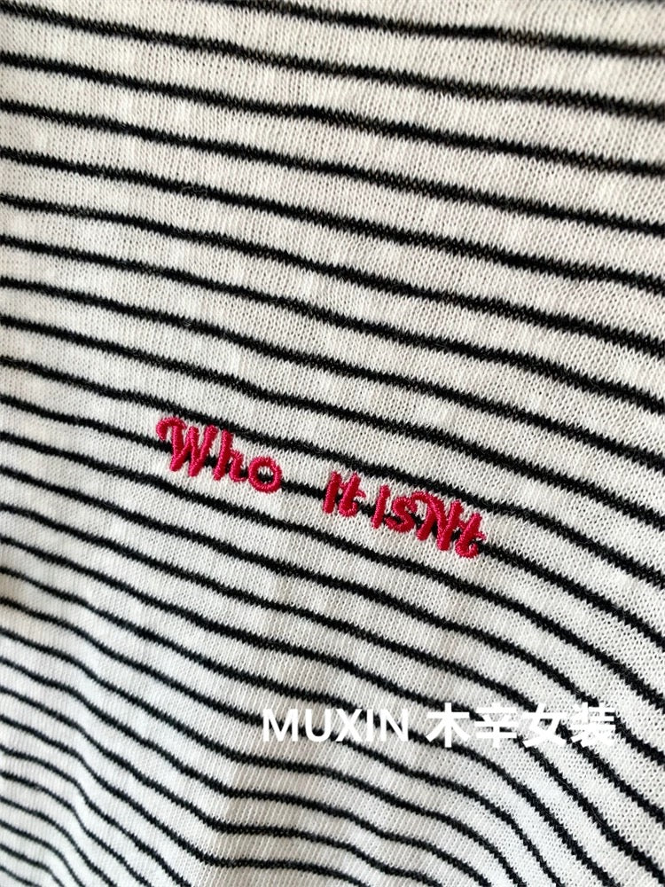 Soft and comfortable pinstripe embroidered small letters pure cotton autumn retro fashion long-sleeved short T-shirt