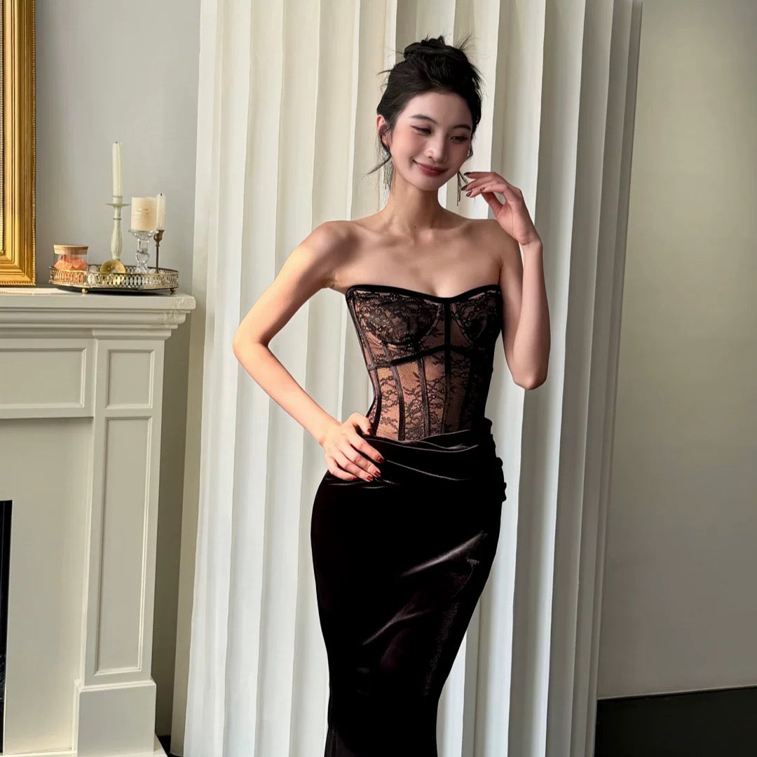 【JINGGUO Luxury】Niche Design French Slim Fit Lace-Trimmed Velvet Fishtail Maxi Dress 7622
