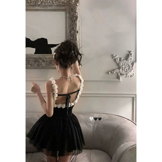 "Moon-loving Swan" ballet style backless slim dress women's summer design three-dimensional flower suspender tutu skirt