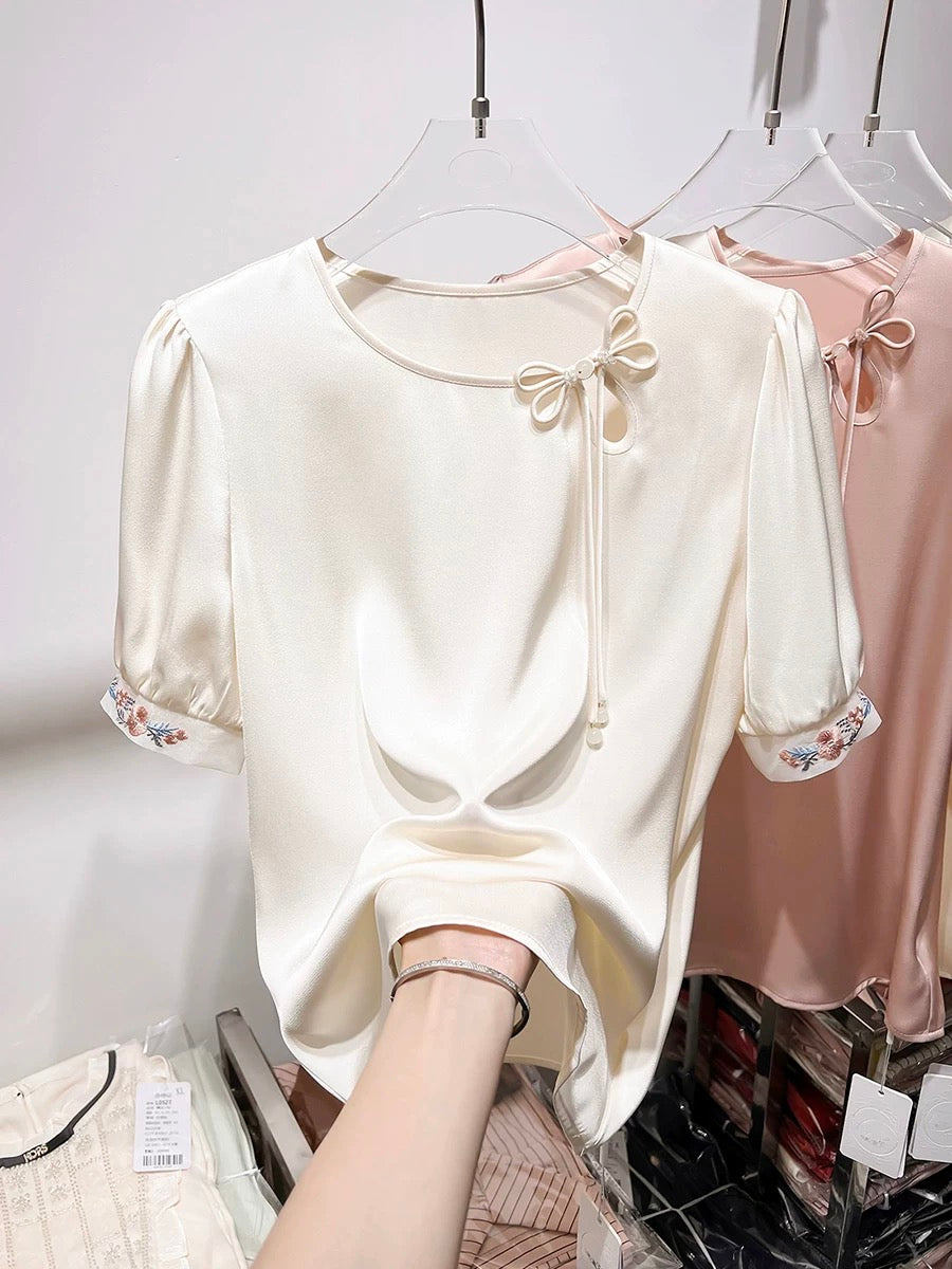 2024 new style temperament slim round neck hollow button sleeve embroidery short sleeve national style chiffon shirt female summer thin