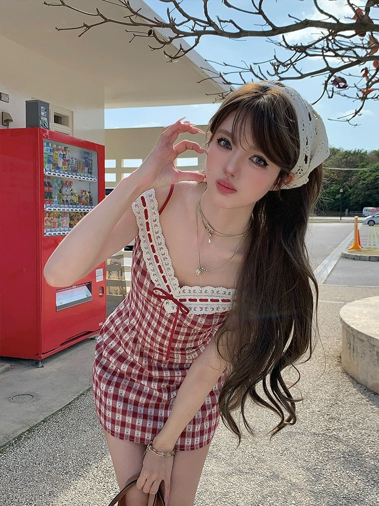 Acaine Zhizhiberry/mid-length v-neck waist plaid suspender dress women's summer French style skirt