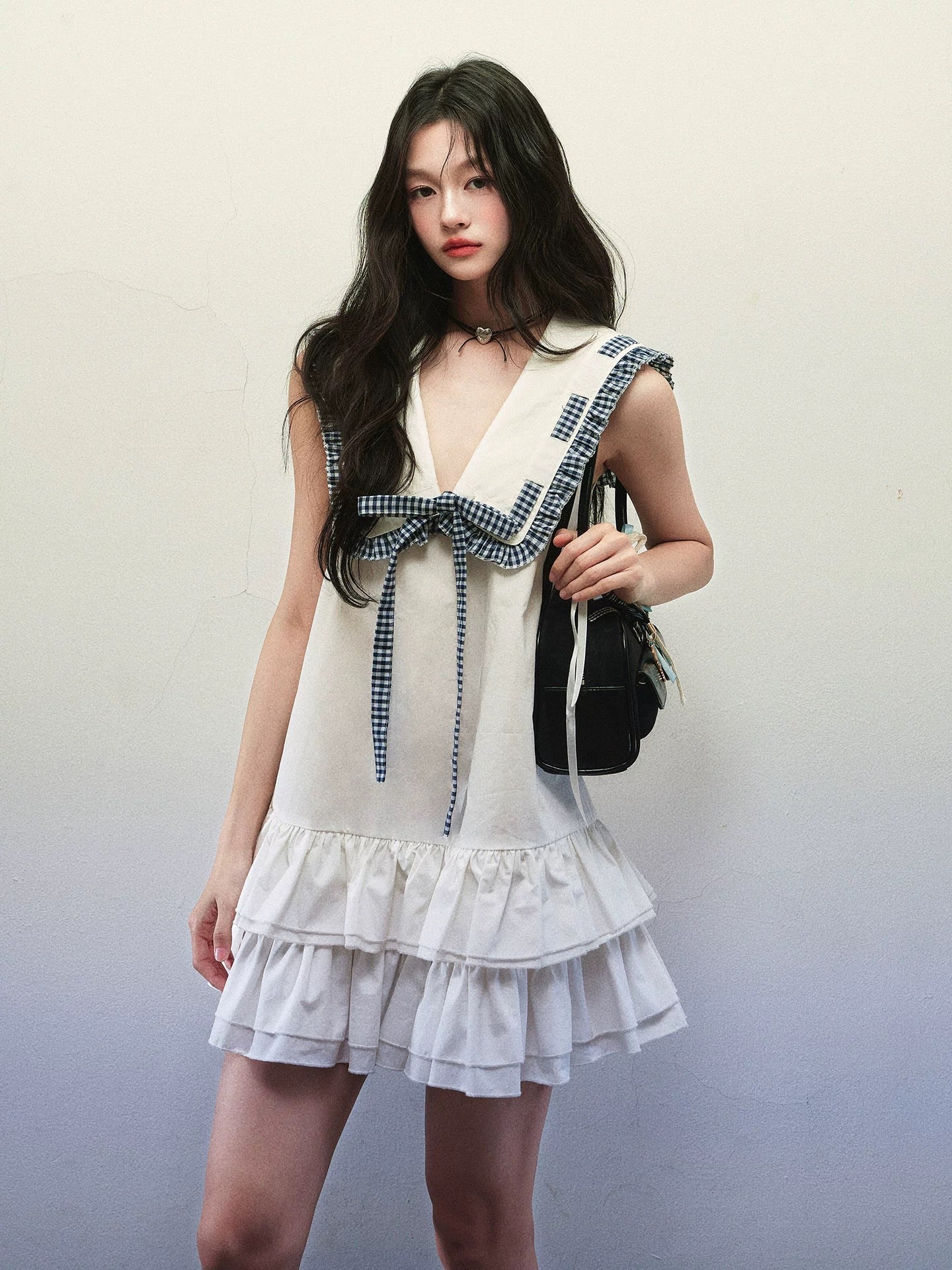 1P STUDIO White navy collar tie sleeveless dress female summer double layer ruffle loose A-line short skirt