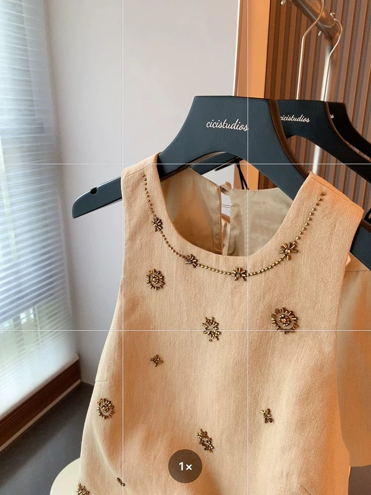 French heavy beaded vest suit for women summer 2025 new style old money style fashionable slim shorts two-piece suit