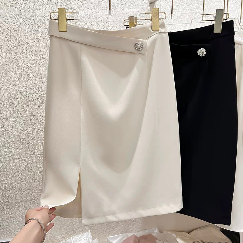 2023 new Korean style slim one-button diamond waist stitching hem slit high waist suit skirt