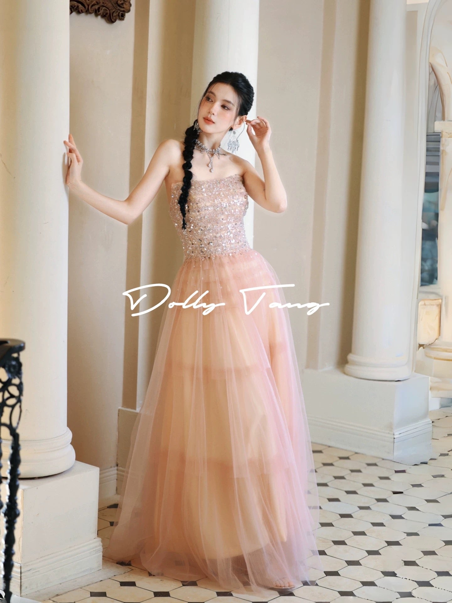 Dollytang sparkly sequined strapless pink fairy dress, coming-of-age party dress, morning robe for women.