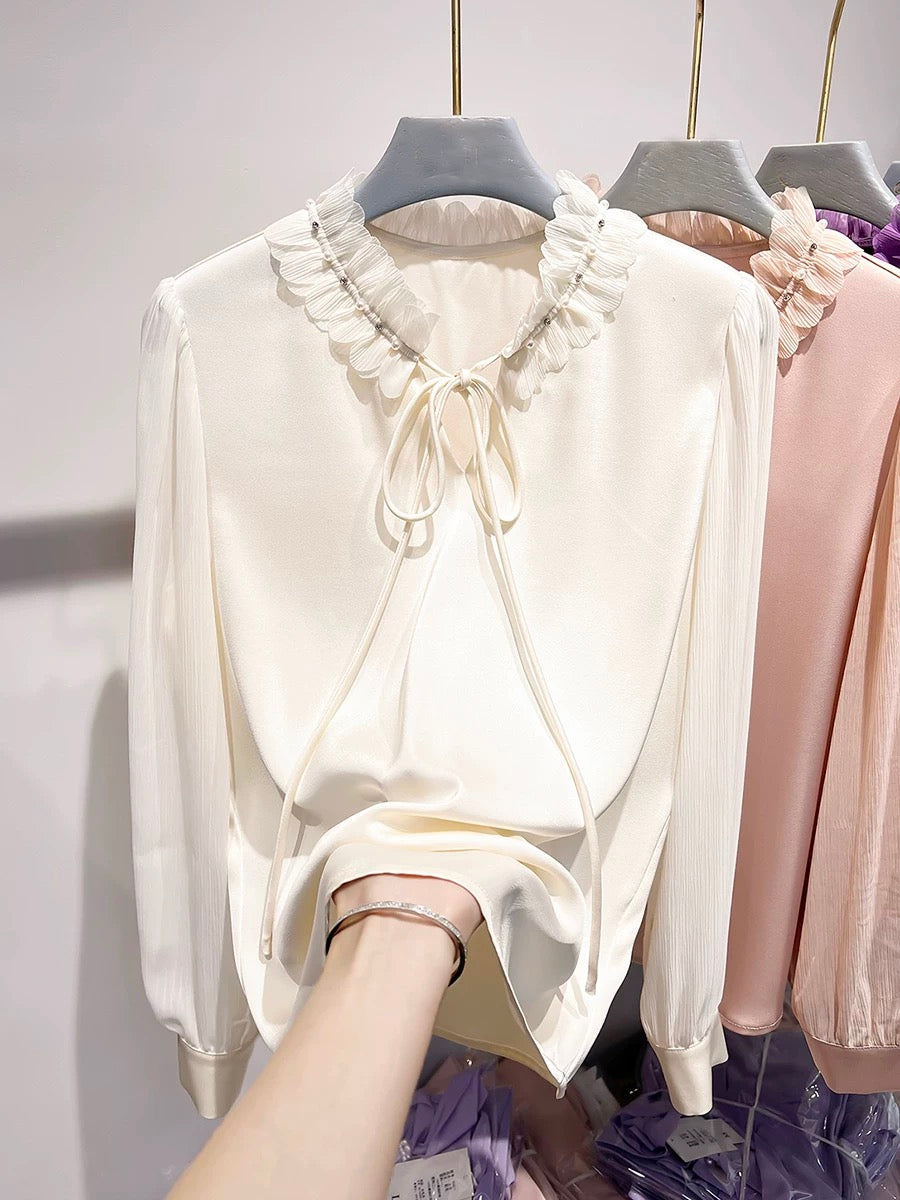 2024 new Korean temperament collar petal stitching nail beading lace pullover long-sleeved chiffon shirt top female spring