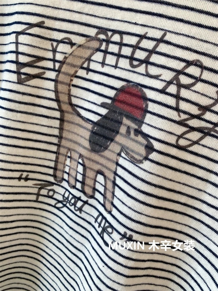 Red hat puppy print stripes fashionable youth Korean loose women's long-sleeved autumn T-shirt