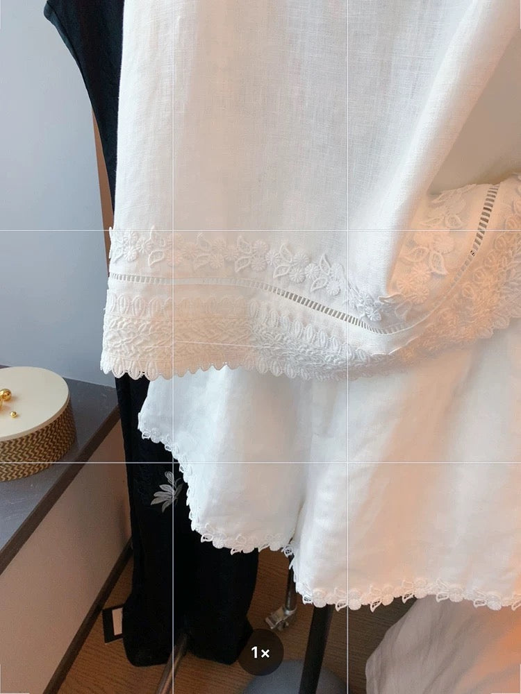 White embroidered lace linen vest suit for women summer slim holiday style slim high waist straight shorts two-piece suit