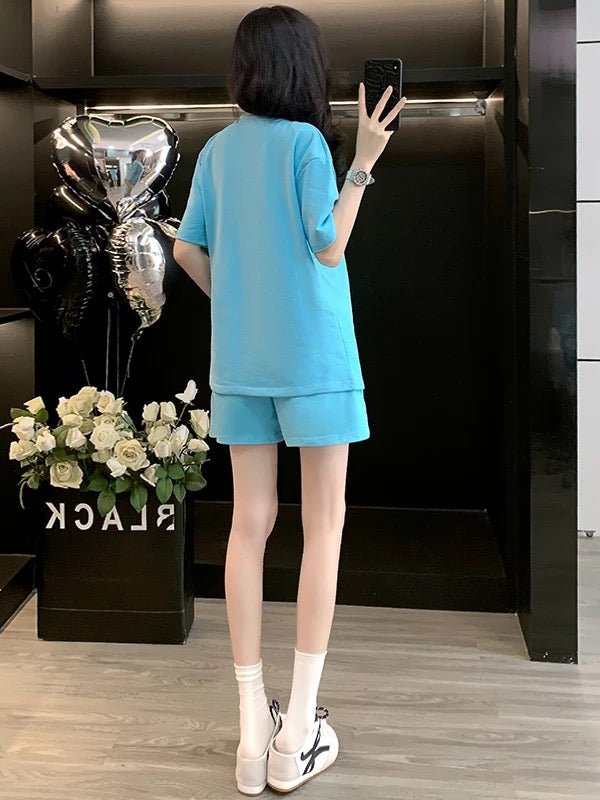 Salty outfit casual sports suit for women 2025 summer stylish age-reducing blue short-sleeved T-shirt shorts two-piece suit