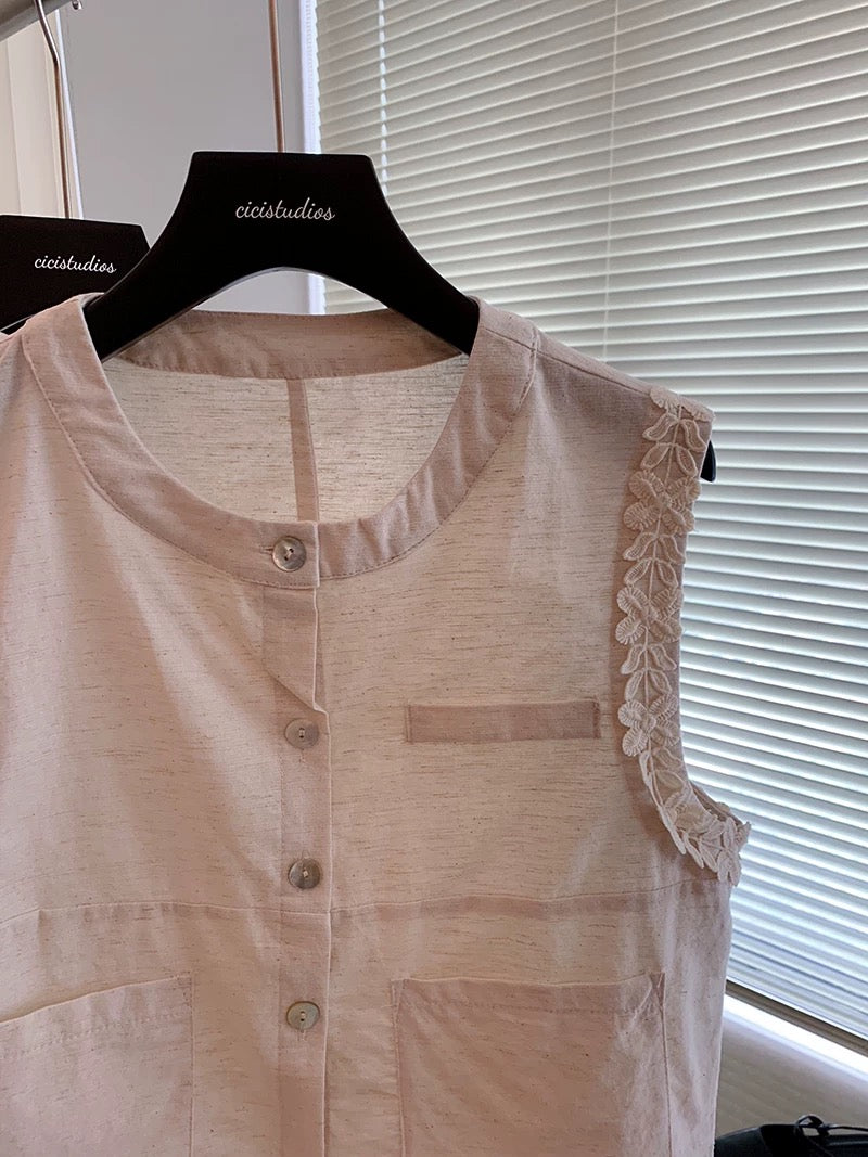 Holiday style embroidered lace sleeveless linen vest suit for women summer 2024 new slim high waist shorts two-piece suit