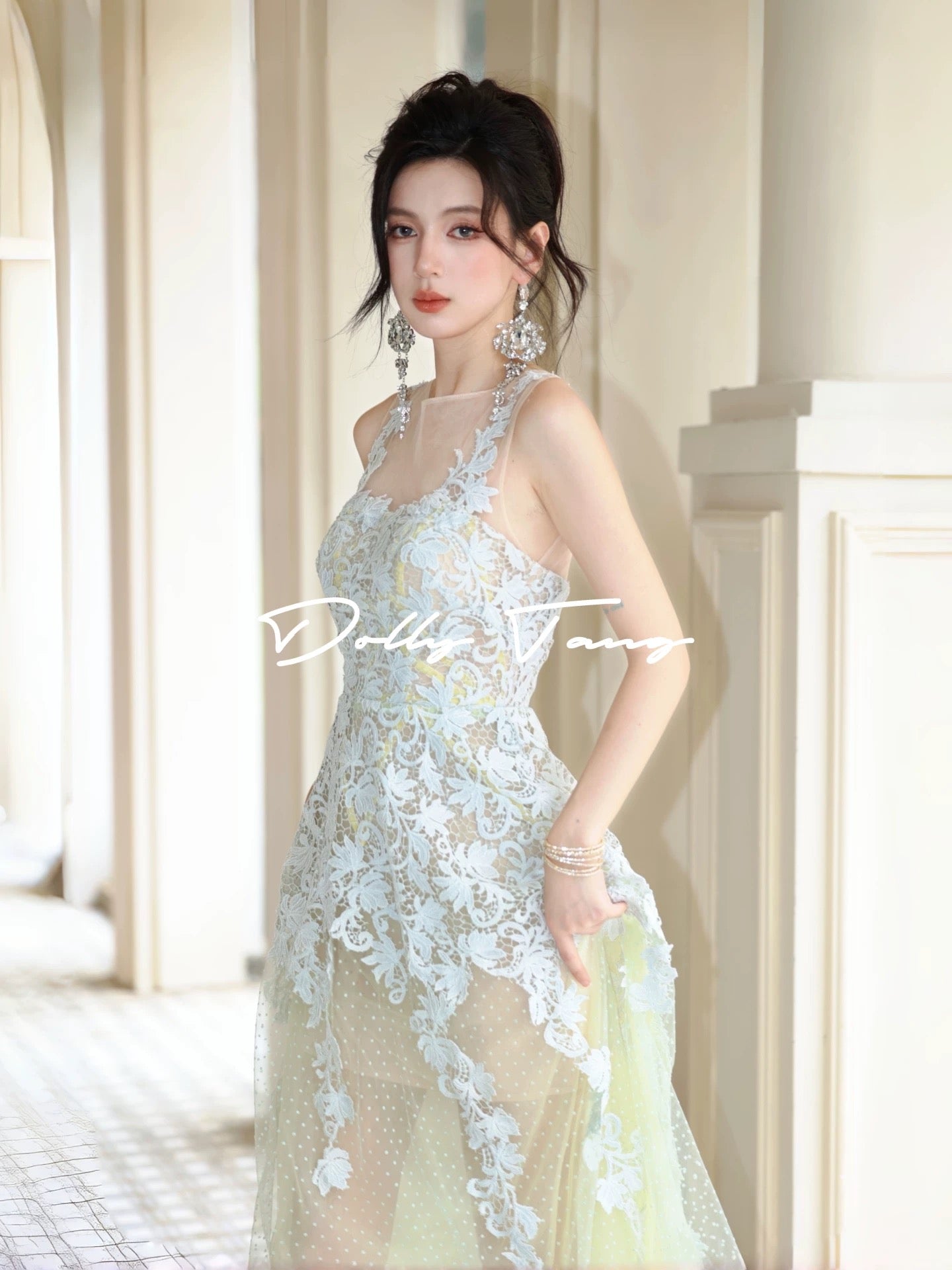 Dollytang Baroque Heavy Lace Dress: Understated Luxury, Emerald Green Polka Dot Light Dress/Morning Robe