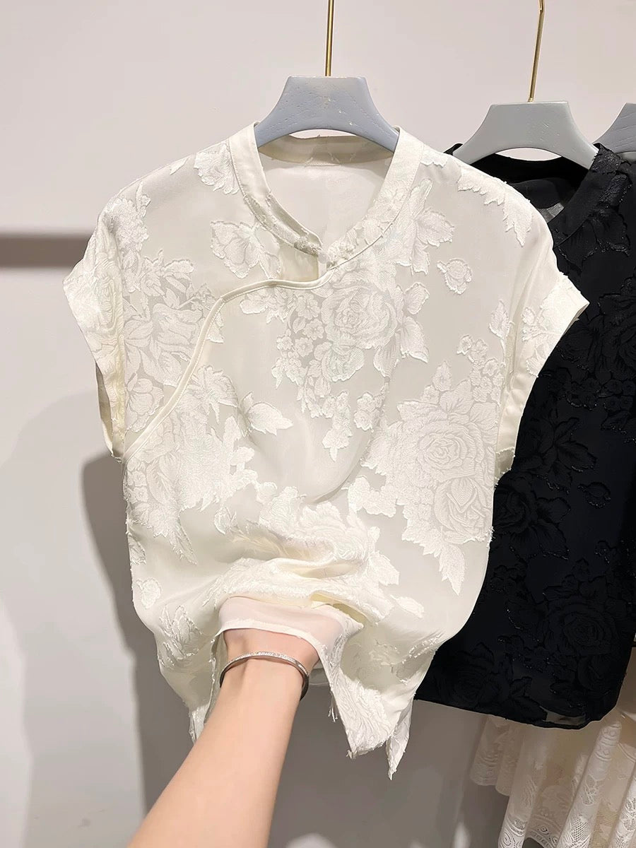 2024 new style temperament slim solid color stand collar button print short sleeve national style chiffon shirt women summer thin top