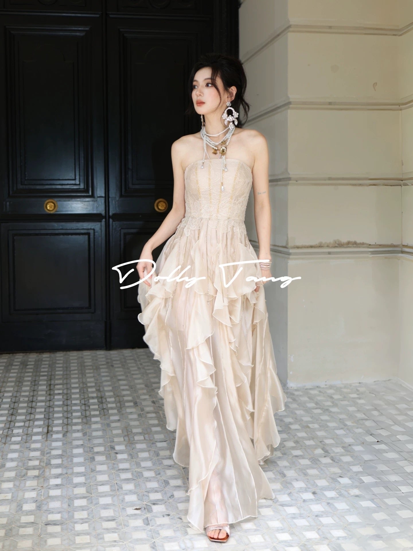 dollytang heavy-duty lace layered ruffle dress with rhinestones and tassels, a flowing morning robe or casual evening gown.
