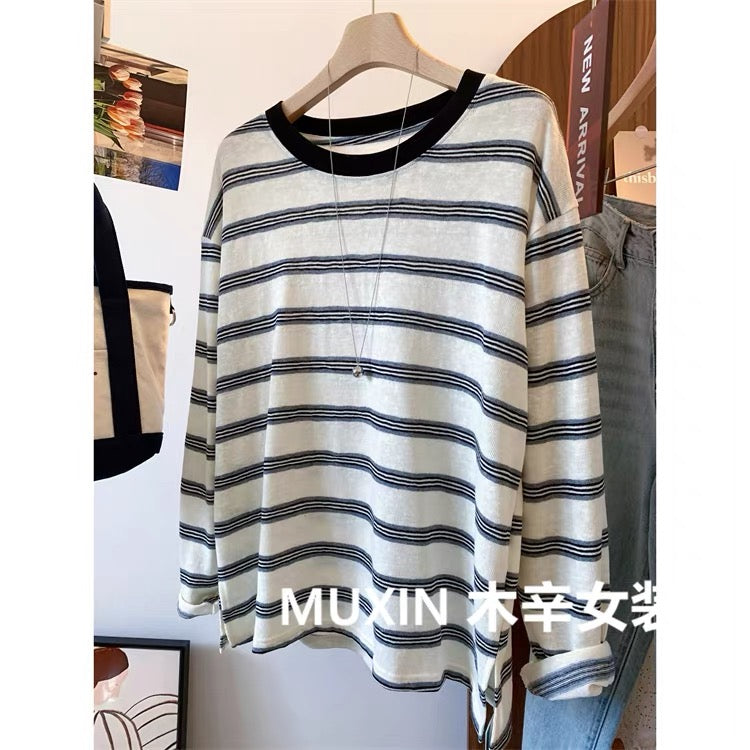 Beige stripes loose soft breathable slim women's casual early autumn Korean thin sunscreen long-sleeved T-shirt