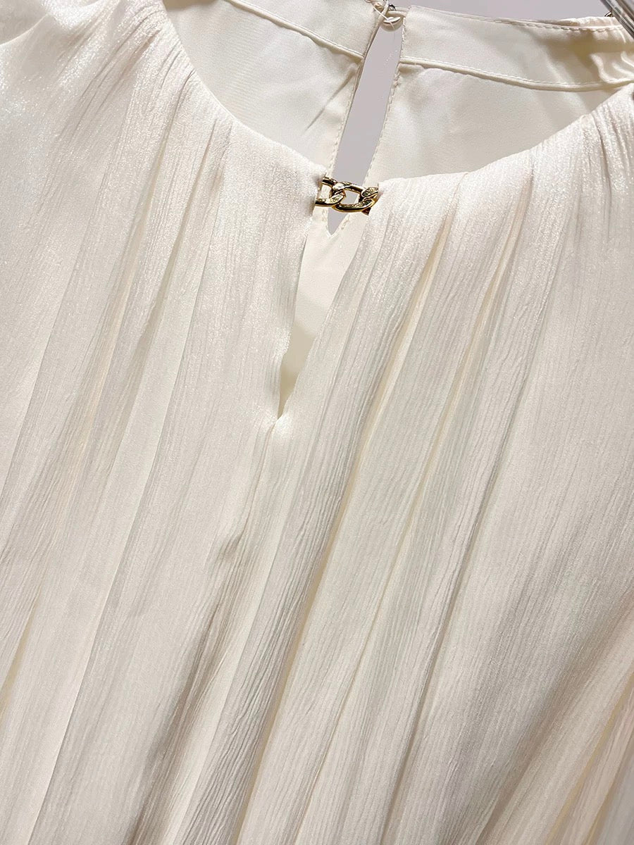 2024 new Korean temperament slim round neck chain solid color waist long sleeve chiffon shirt female spring thin top
