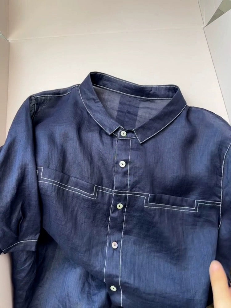 In summer, a complete set of fashionable and age-reducing western-style blue cotton, linen and linen short-sleeved shirts and wide-leg pants suits for women