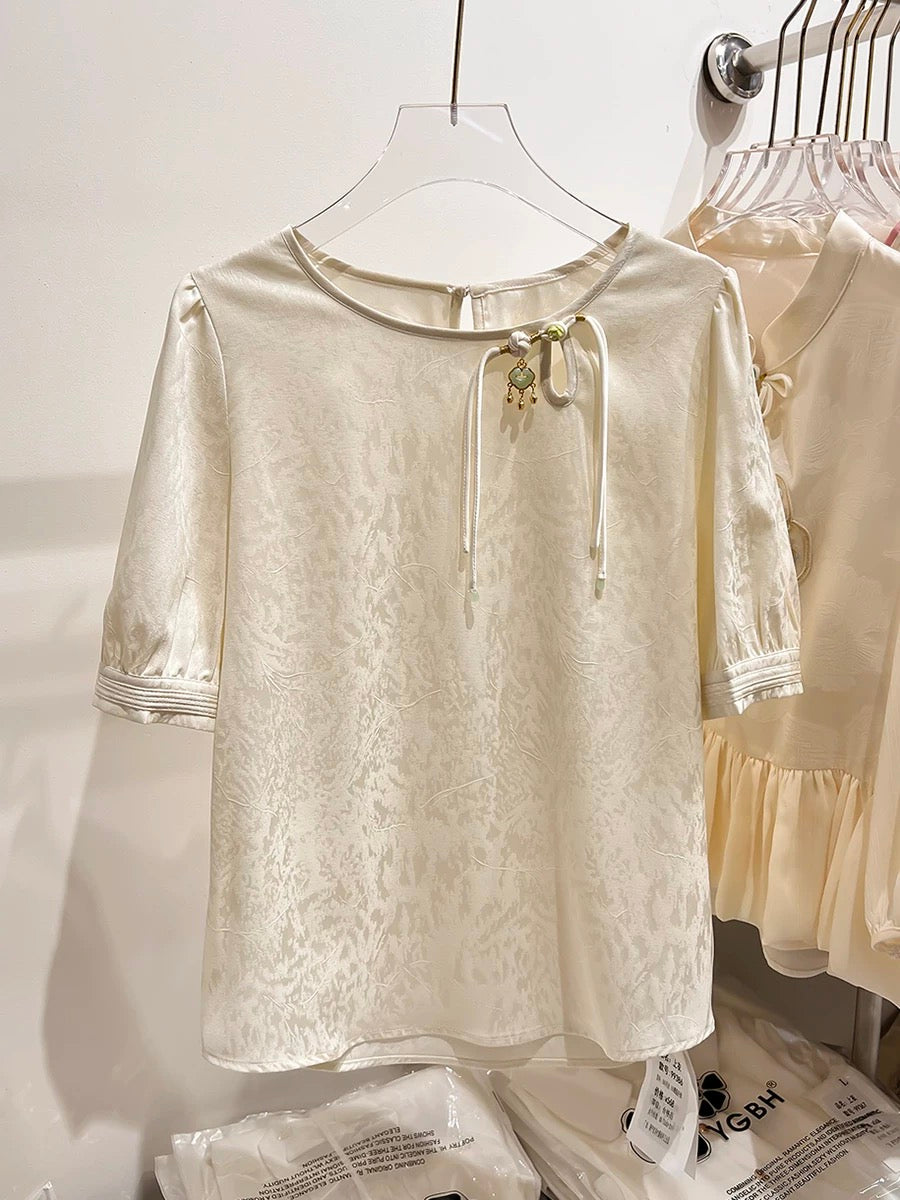 2024 new style retro round neck button decoration relief Chinese style short-sleeved chiffon shirt female summer thin top