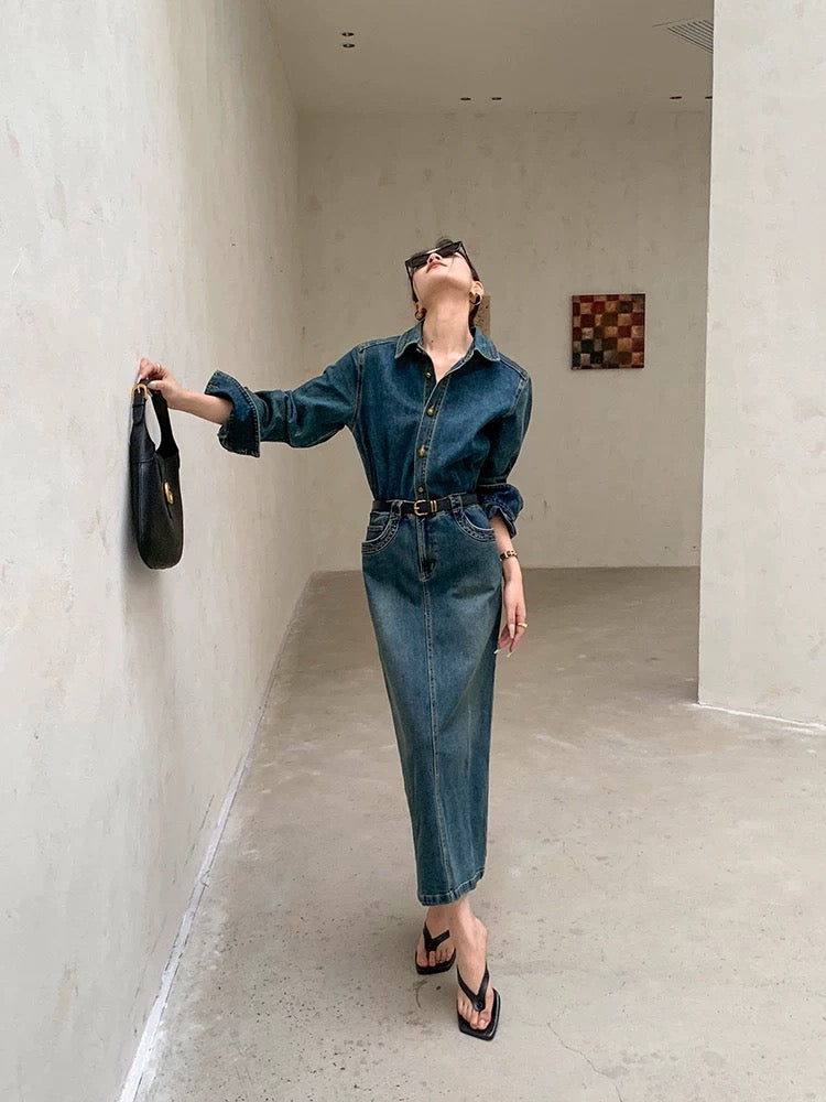 Dimple custom retro long-sleeved denim dress for women early autumn 2024 new style waist slimming temperament hip-covering long skirt