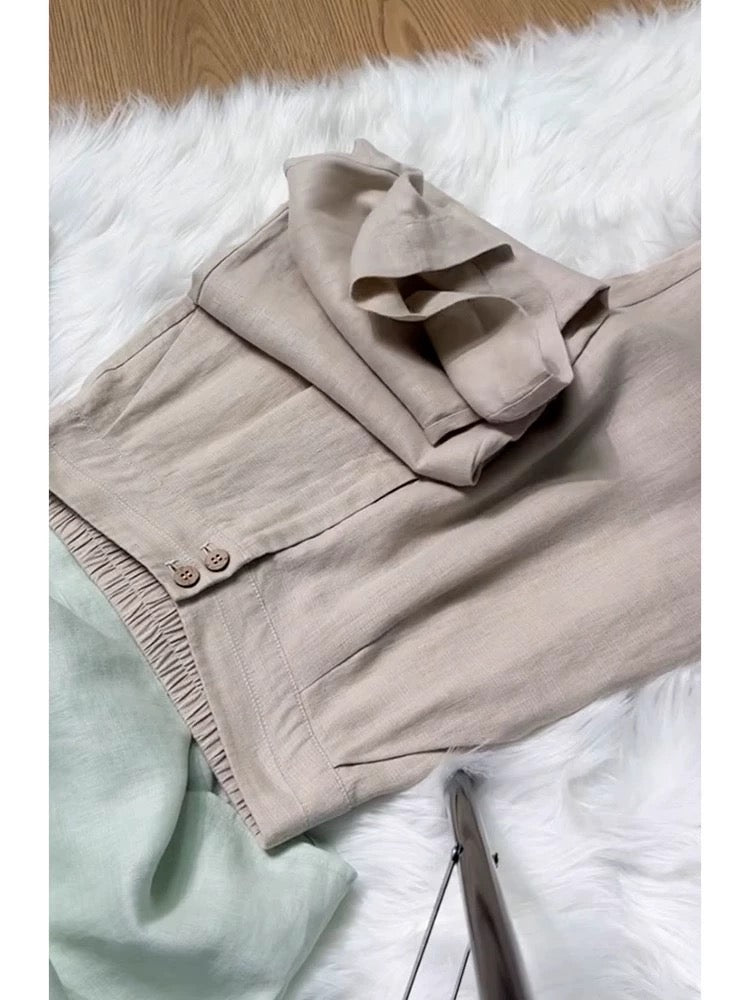 This year's trend is beautiful and high-end mint Mambo style green cotton and linen shirt casual pants suit for women in summer