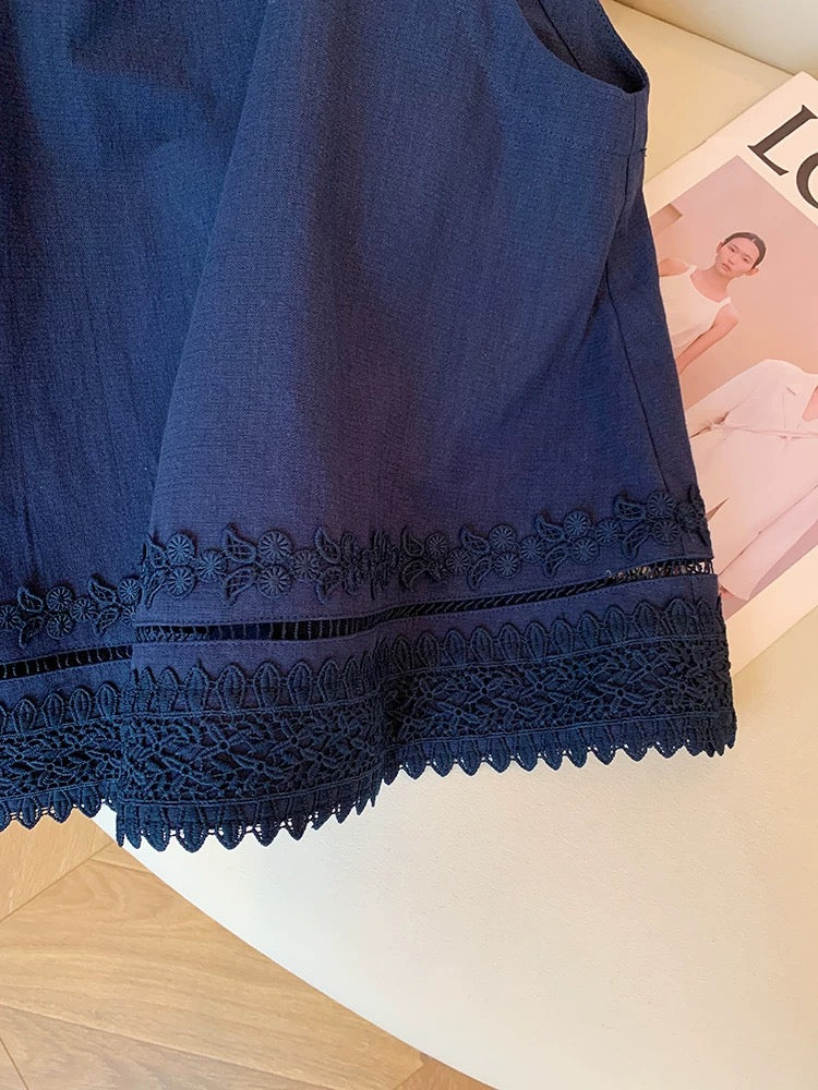 Retro navy blue linen embroidered lace vest suit for women 2025 summer new holiday style slim two-piece suit