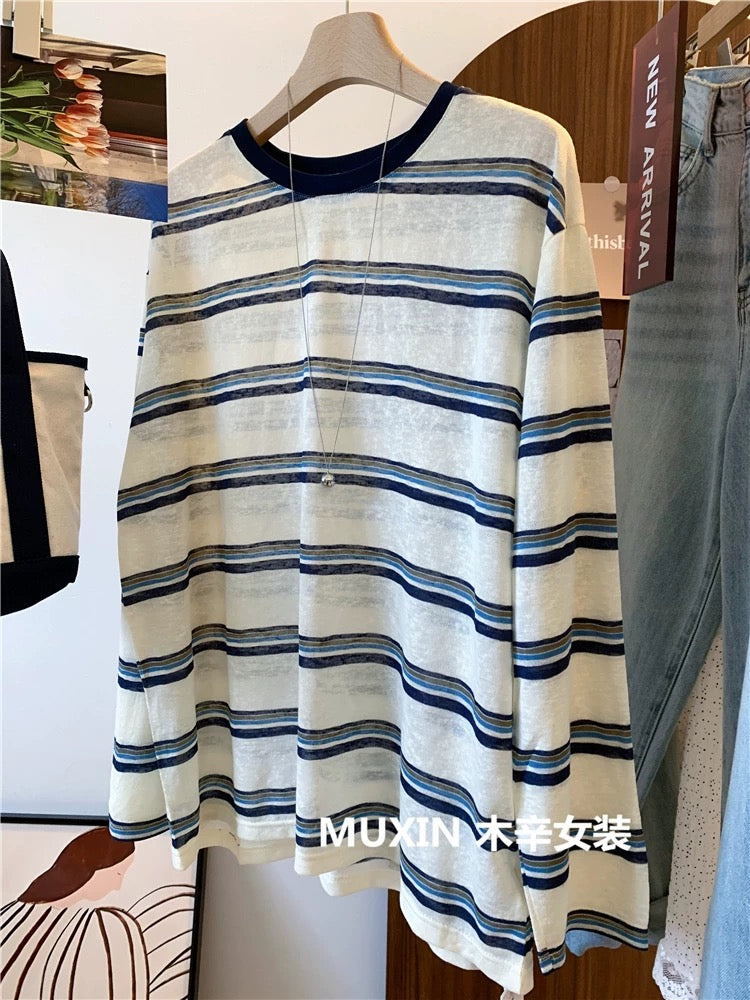 Thin color matching retro striped loose snowflake cotton summer fashion personality women's long-sleeved sun protection T-shirt