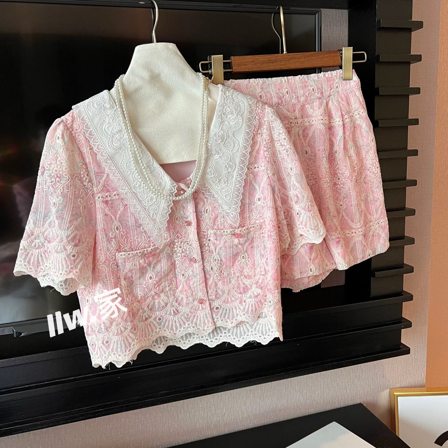 style French pink lace embroidery doll collar short-sleeved top for women with elastic waist shorts small suit