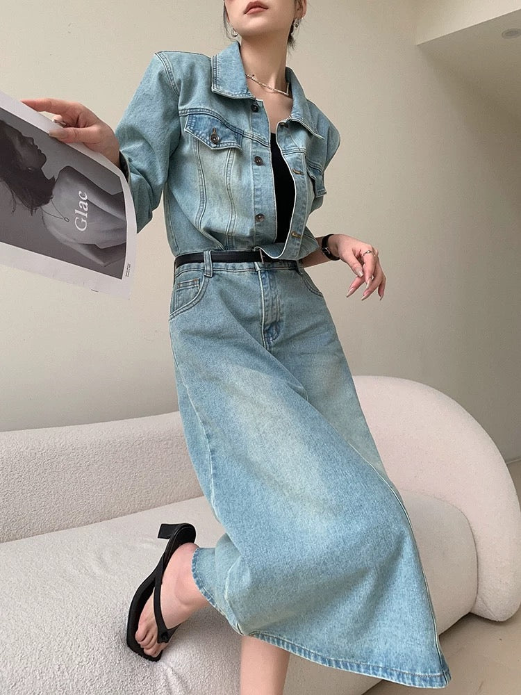 JWUNIQUE retro denim dress women's early autumn 2024 new design waist mid-length long-sleeved skirt