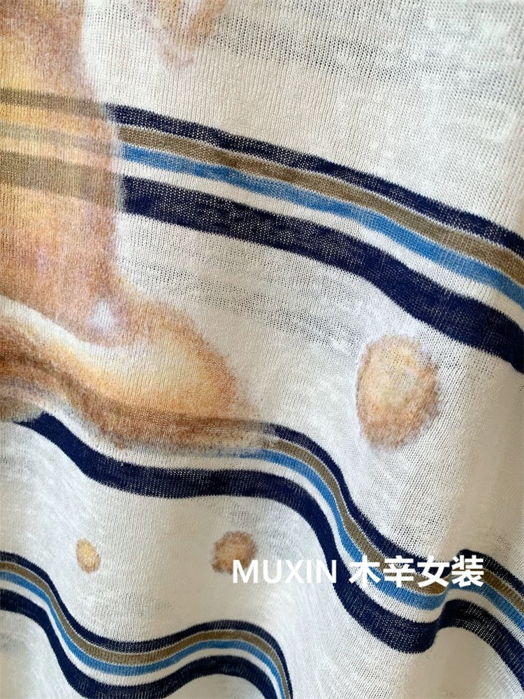 Planet print color matching stripes loose thin casual fashion Korean style large version women's autumn sun protection long sleeve T-shirt