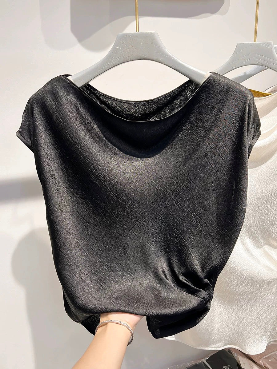 2024 new Korean temperament swing collar hem pleated embossed solid color sleeveless chiffon shirt female summer thin top