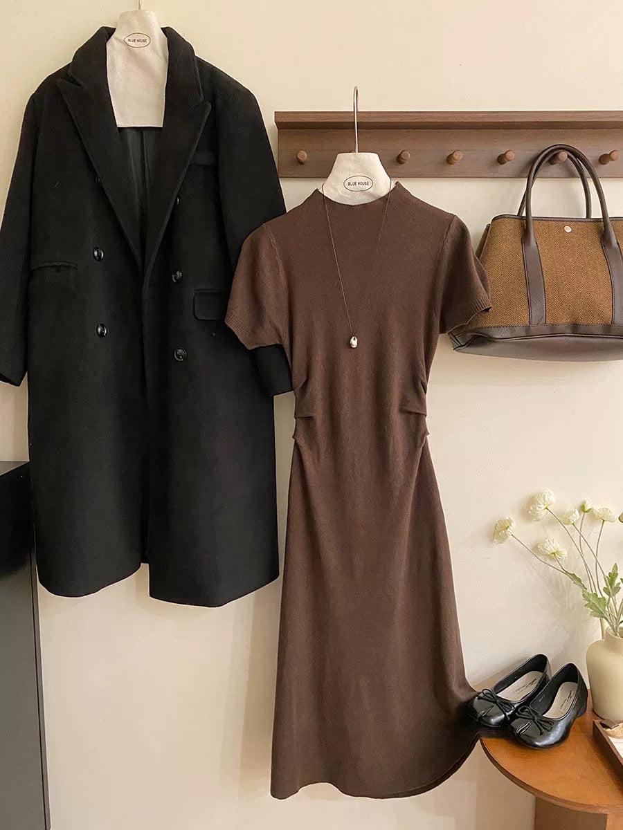 French smocked waist, half turtleneck, short-sleeved knitted dress for women, autumn inner layer, drape coat, base retro long skirt