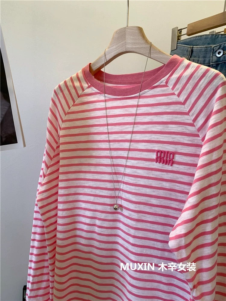 Pink striped bamboo cotton embroidered letters spring and autumn new Korean version of the shoulder sleeve loose women's T-shirt