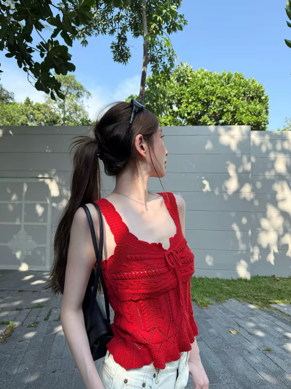 yangzifan Women's Red 100% Cotton Camisole – Heavy-Gauge Knit Sleeveless Top with a Unique Design (Summer)