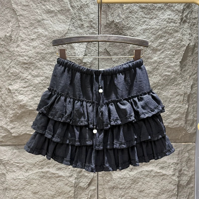 White elastic waist a-line puffy short skirt female 2025 summer new fungus lace sweet cake skirt trend