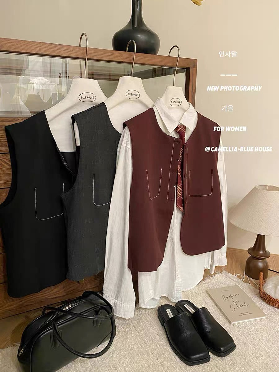 Retro topstitch niche high-end suit vest jacket for women autumn layering outer wear design fake pocket waistcoat vest