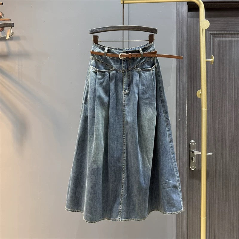 Retro denim skirt for women mid-length 2025 summer new style high waist slimming age-reducing long skirt a-line umbrella skirt
