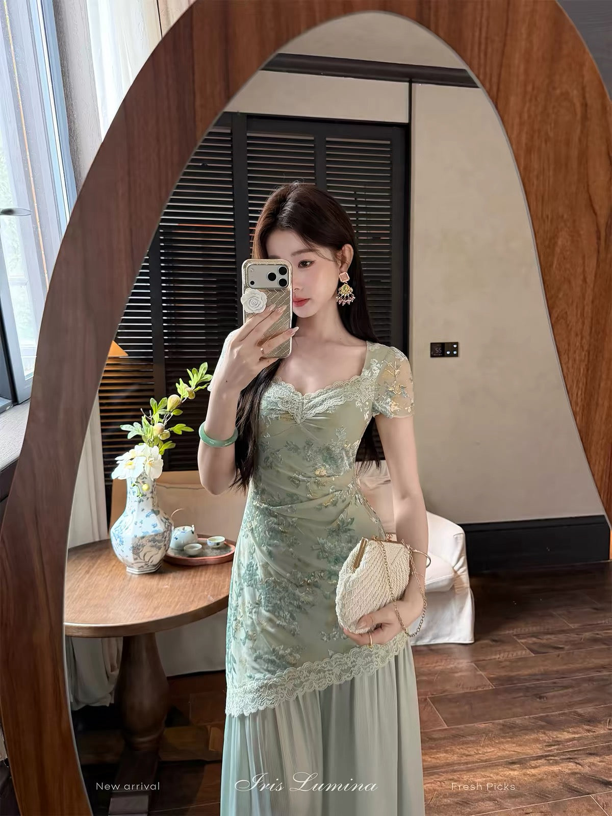 Iris Lumina "Porcelain Beauty" Dress – A short-sleeved, paneled summer dress featuring a cool, elegant aesthetic, burnout detailing, and gold-foil accents.