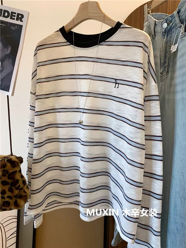Colorful striped embroidered letter h fashionable loose casual large version spring and summer thin soft casual women's long-sleeved T-shirt