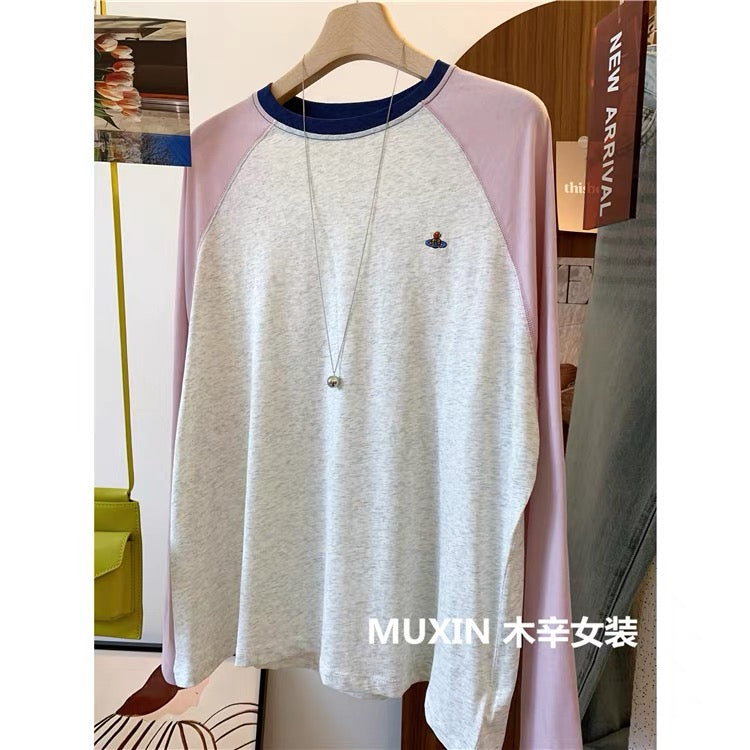 Embroidered colorful planet summer cool thin loose long-sleeved color matching fashionable Korean version of women's sun protection T-shirt