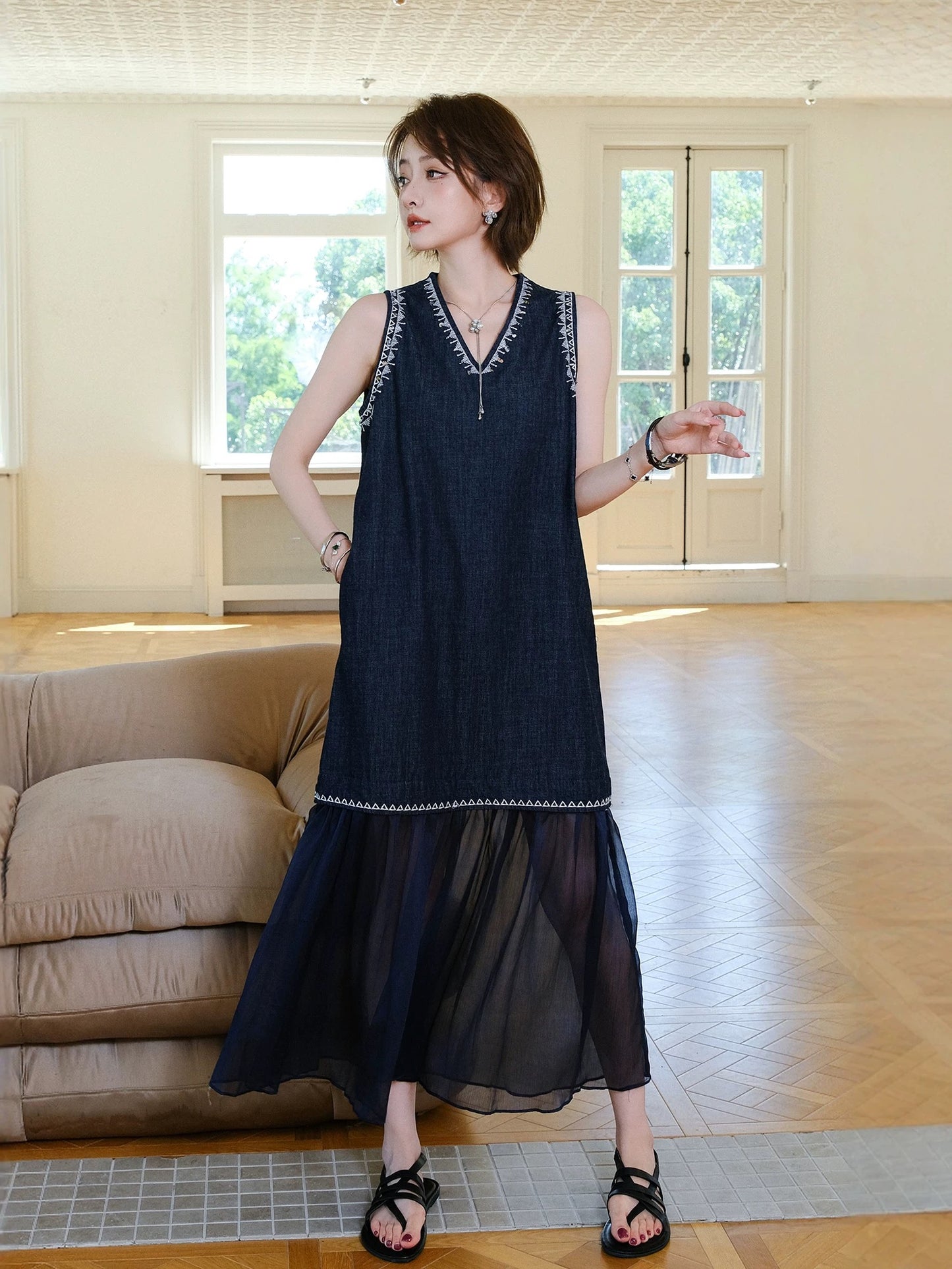MIUCO very beautiful embroidered denim dress small temperament mesh ruffle sleeveless vest dress summer