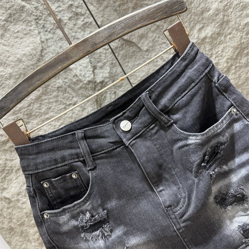 Retro black high waist hot girl denim shorts for women summer new style ripped design slim fit hip skirt