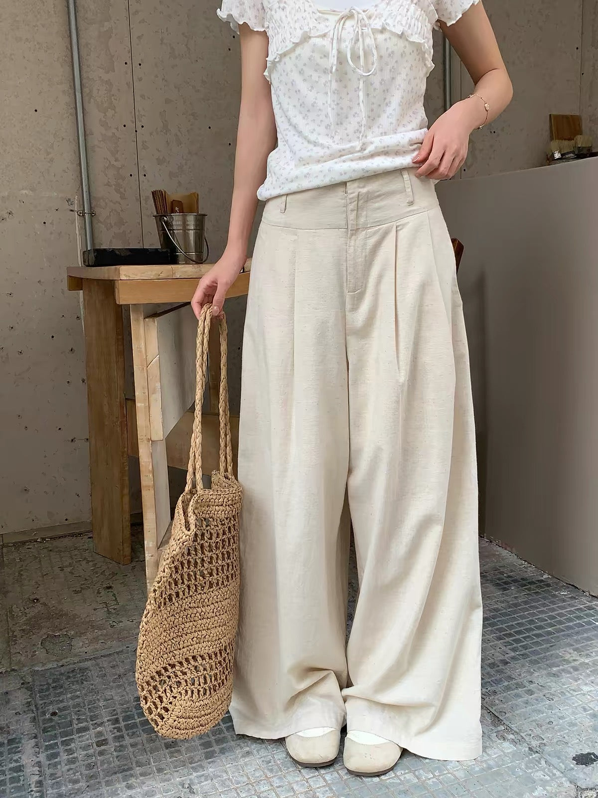 Morning Bloom Women's Summer High-Waisted Linen Wide-Leg Trousers – Relaxed, Versatile, and Drapey Casual Pants