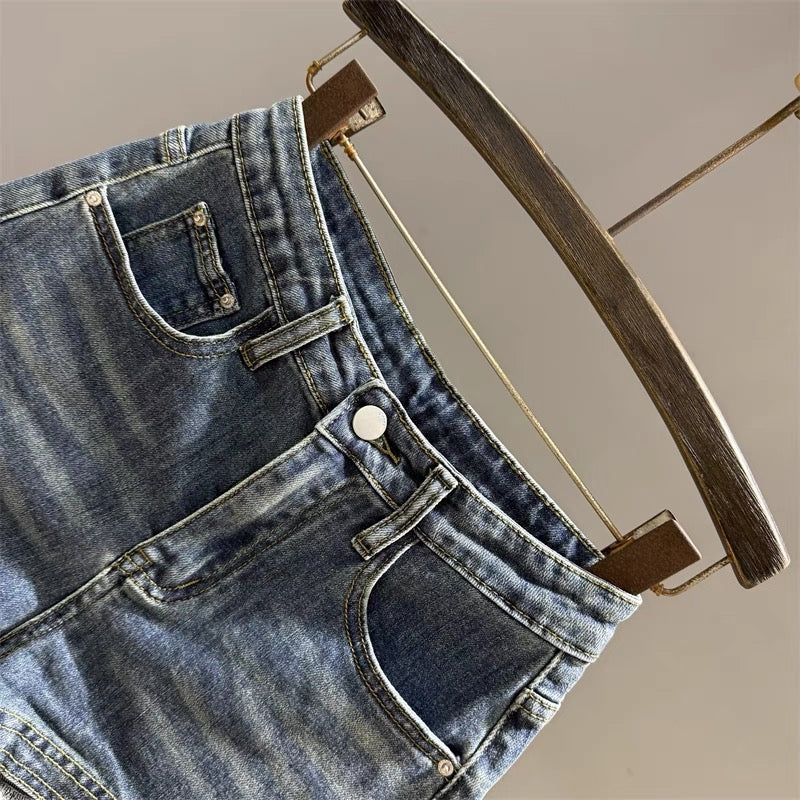 American retro denim shorts women 2025 summer new high waist a-line slim ultra-short hot pants wide leg pants